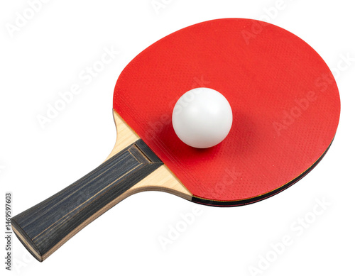  Table tennis racket with red color and white ball on a transparent background, PNG