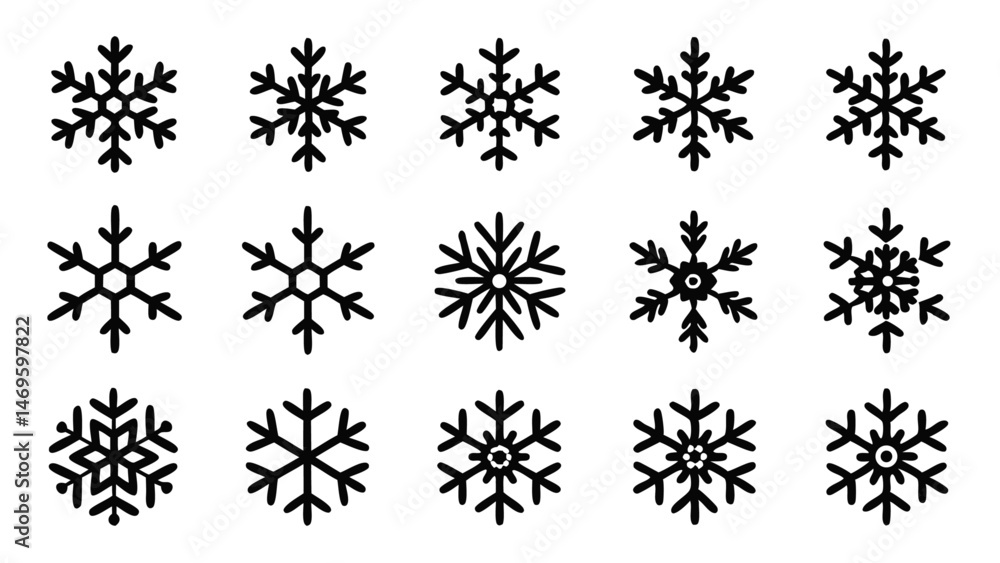 Geometric Snowflake Icon Set with Winter Themed Line Art Illustrations Geometric Snowflake Icon Set with Winter Themed Line Art Illustrations