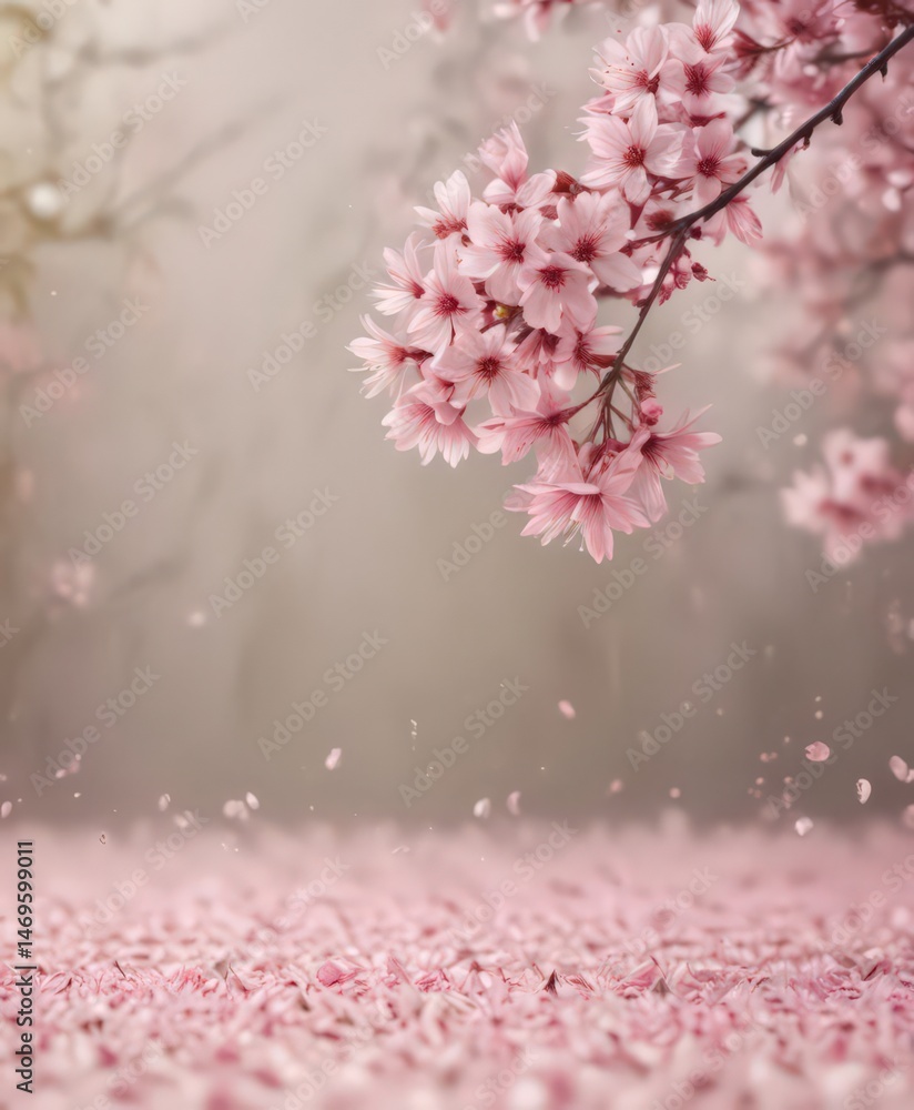Naklejka premium Delicate pink sakura petals drift on a soft-focus spring background , close-up, pastel