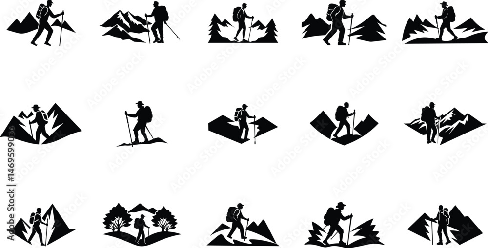 Fototapeta premium Man Silhouette Hiking Set, Outdoor Adventure Poses, Trekking and Climbing Illustrations, Wilderness Explorer Art