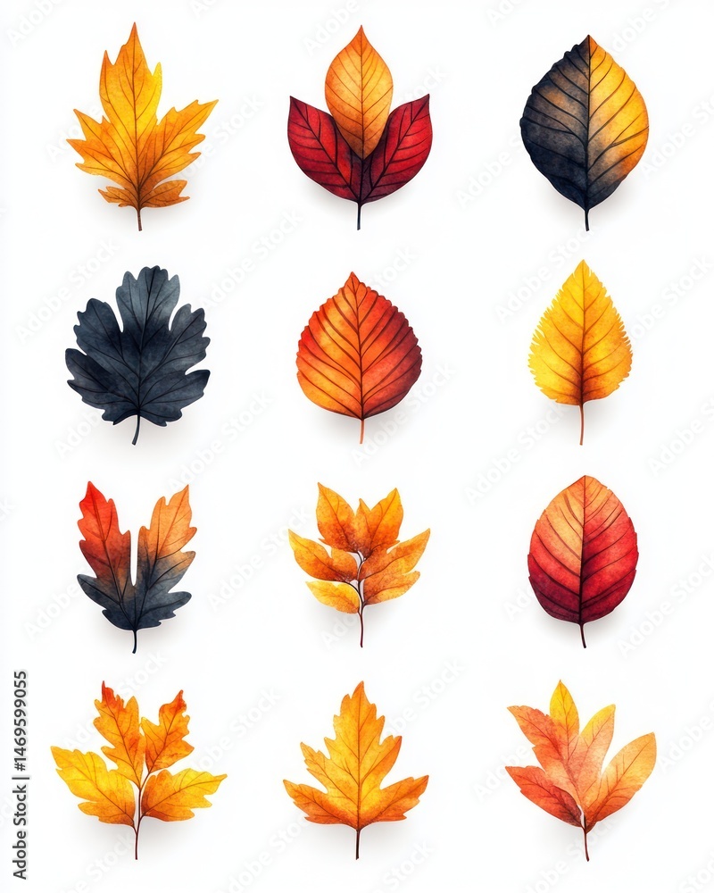 Obraz premium Autumn leaves, various colors and shapes. Detailed illustration of different fall foliage