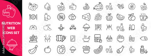 Nutrition set of web icons in line style. Healthy food linear icon collection. Containing food, vegetables, water, palm oil free, сaunt calories, zero trans fat, probiotics and more. Editable stroke