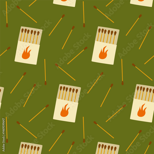 Pattern design featuring matchboxes and matches on a green background