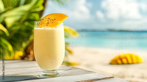A tropical mango and coconut smoothie in a clear glass, garnished with a slice of mango, in a beach setting with space for text