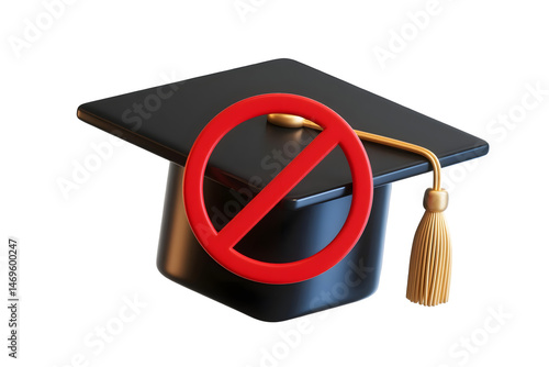 3d render graduation cap with red ban sign on transparent background
