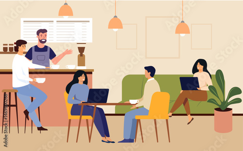 people work cafe barista working freelancer drinking coffee computer coworking space modern community concept working people indoor bar interior illustration