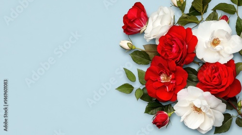 Fototapeta Naklejka Na Ścianę i Meble -  Ornate floral layout featuring realistic red and white roses on light blue