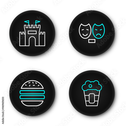 Set line Popcorn in box, Burger, Comedy and tragedy masks and Castle icon. Vector