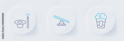 Set line Popcorn in box, Seesaw and Magic hat and wand icon. Vector