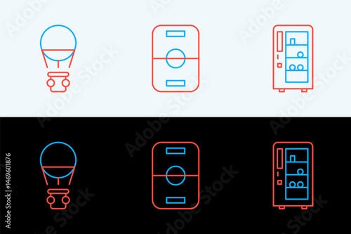 Set line Vending machine, Hot air balloon and Hockey table icon. Vector