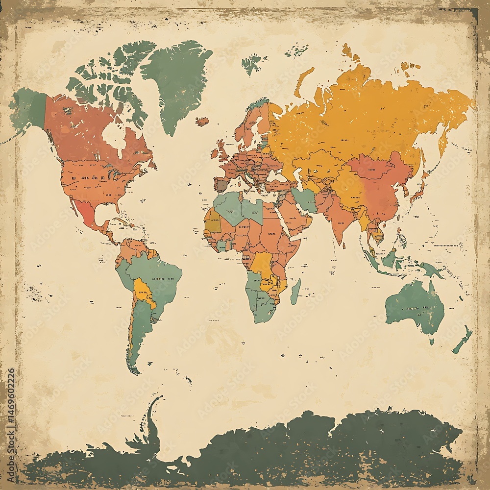 Obraz premium Vintage world map illustration with country borders on antique background. Use education
