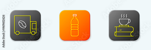 Set line Coffee street truck machine, Bottle water and cup and book icon. Vector