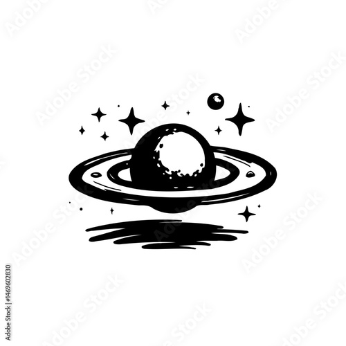 Monochromatic celestial design featuring a ringed planet surrounded by stars