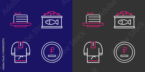 Set line Rouble, ruble currency, Kosovorotka, Tin can with caviar and Medovik icon. Vector