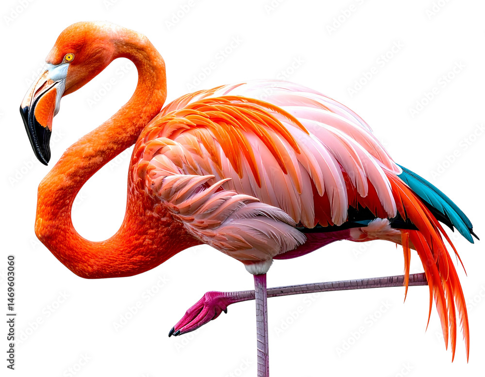 Obraz premium Vibrant Flamingo with Multicolored Feathers, isolated on transparent background PNG
