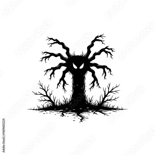 Eerie arboreal form with glowing eyes looming over shadowy undergrowth