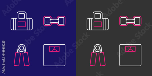 Set line Bathroom scales, Sport expander, Dumbbell and bag icon. Vector