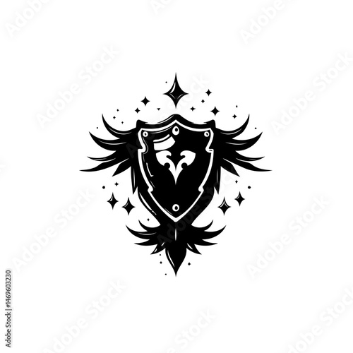 Intricate heraldic shield emblem with stylized wings and celestial sparkles
