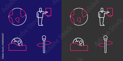 Set line Road traffic signpost, Human skull, Museum guide and Earth globe icon. Vector