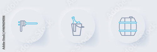 Set line Barrel for wine, Bottle of bucket and Pasta spaghetti icon. Vector