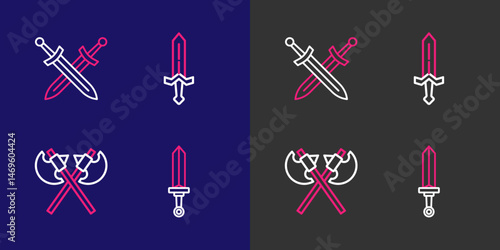 Set line Medieval sword, Crossed medieval axes, and icon. Vector