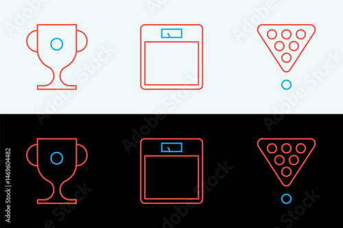 Set line Billiard balls in rack triangle, Award cup and Bathroom scales icon. Vector