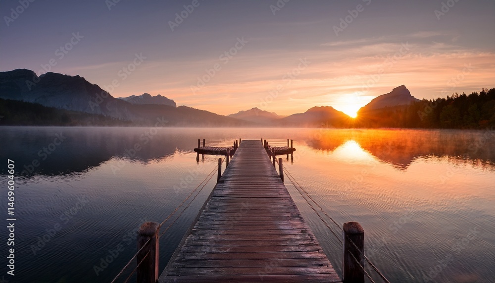 Naklejka premium a serene scene featuring a wooden dock at sunset with soft hues of orange and pink surrounded by misty mountains