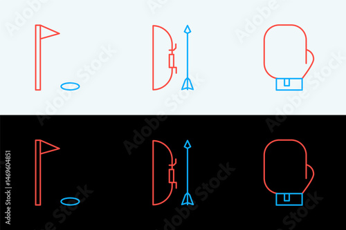 Set line Boxing glove, Golf flag and Bow and arrow quiver icon. Vector