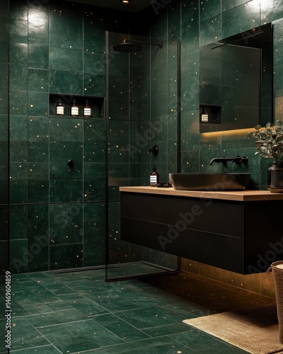 Modern bathroom with dark green speckled tile
