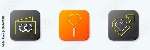 Set line Greeting card, Balloons form of heart and Heart with male gender icon. Vector