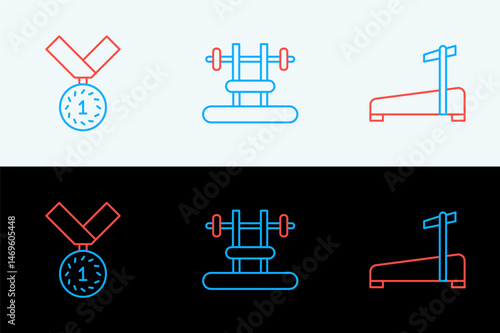 Set line Treadmill machine, Medal and Bench with barbel icon. Vector