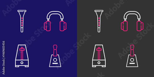 Set line Balalaika, Metronome with pendulum, Headphones and Clarinet icon. Vector