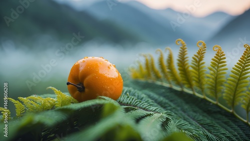 Orange fruit resting on vibrant green fern with mountain backdrop photo