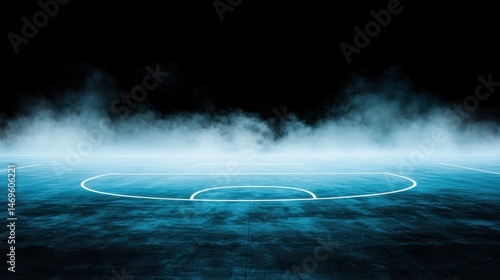 A blue basketball court with a white line down the middle.
