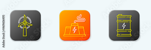 Set line Wind turbine, Power station plant factory and Bio fuel barrel icon. Vector