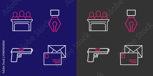 Set line Envelope, Pistol or gun, Fountain pen nib and Jurors icon. Vector