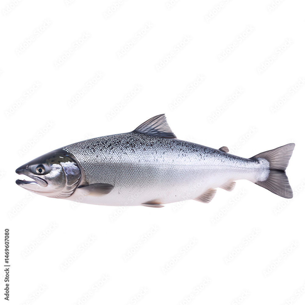 Naklejka premium A fresh salmon fish displayed against a white isolated background, highlighting its shiny scales and streamlined body, ideal for culinary, health, and seafood-related themes.