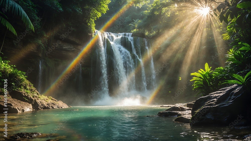 Waterfall Scene with Rainbow in Tropical Rainforest Setting Waterfall Scene with Rainbow in Tropical Rainforest Setting
