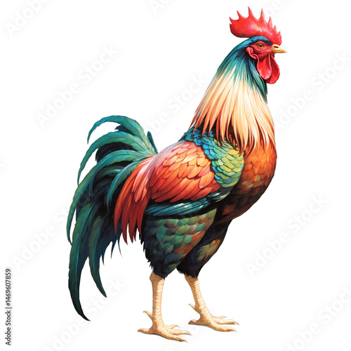 Colorful rooster with red and blue feathers suitable for farm themed designs, greeting cards, ornamental prints, and children's book illustrations.