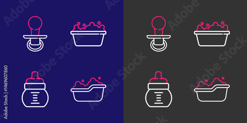 Set line Baby bathtub, bottle, and dummy pacifier icon. Vector