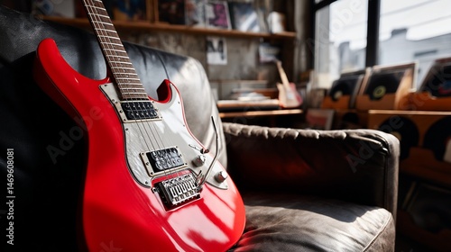 Red electric guitar resting on a leather couch in a music store