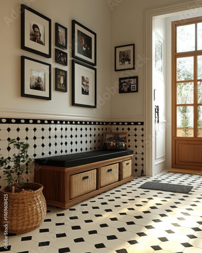 Elegant entryway with black and white patterned tiles, photos, and bench