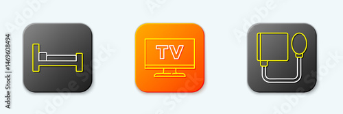 Set line Bed, Smart Tv and Blood pressure icon. Vector