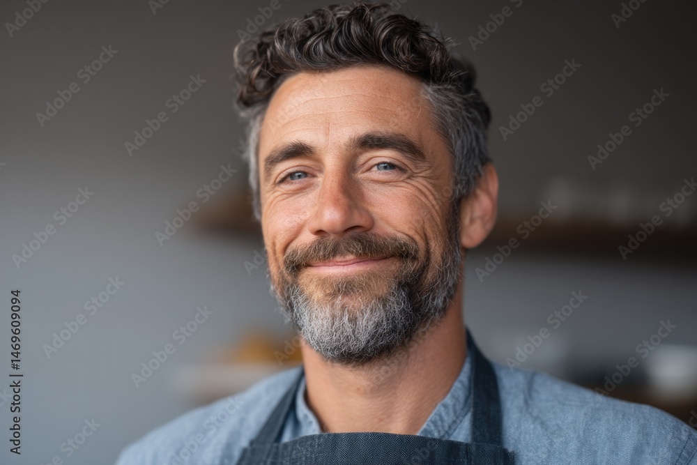 professional chef smiles warmly standing against blurred kitchen background with bright visual accent on their apron professional chef smiles warmly standing against blurred kitchen background with bright visual accent on their apron