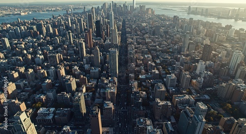 Aerial View of Manhattan Skyline at Sunset, New York City