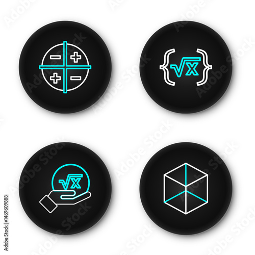 Set line Geometric figure Cube, Square root of x glyph, and XYZ Coordinate system icon. Vector