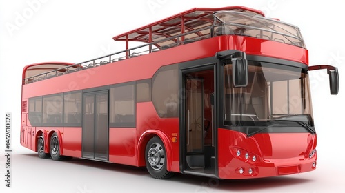 Red double decker bus with open top design isolated on white background