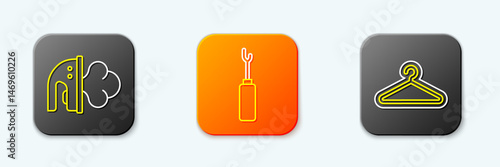 Set line Electric iron, Awl tool and Hanger wardrobe icon. Vector