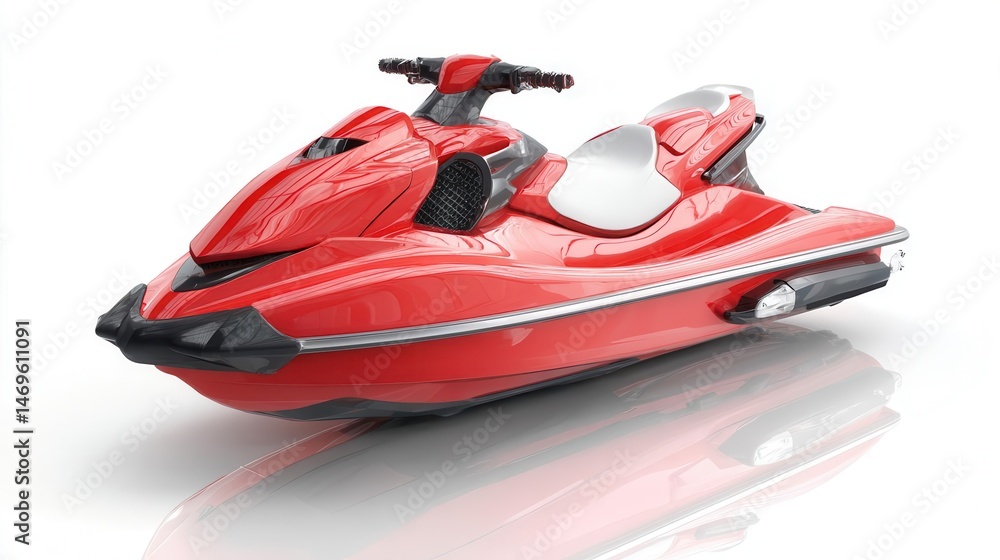 Naklejka premium Vibrant red jet ski isolated on white background with reflections
