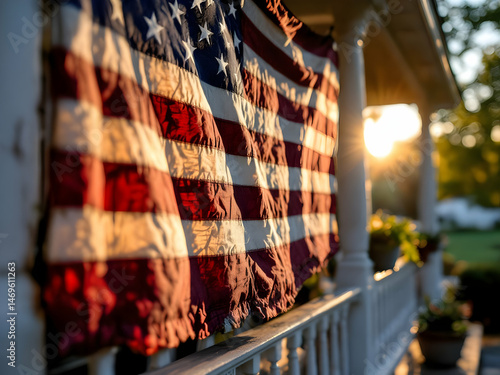 Photorealistic American Flag on Rural Wooden Fence with Golden Hour Lighting and Cinematic Detail.








